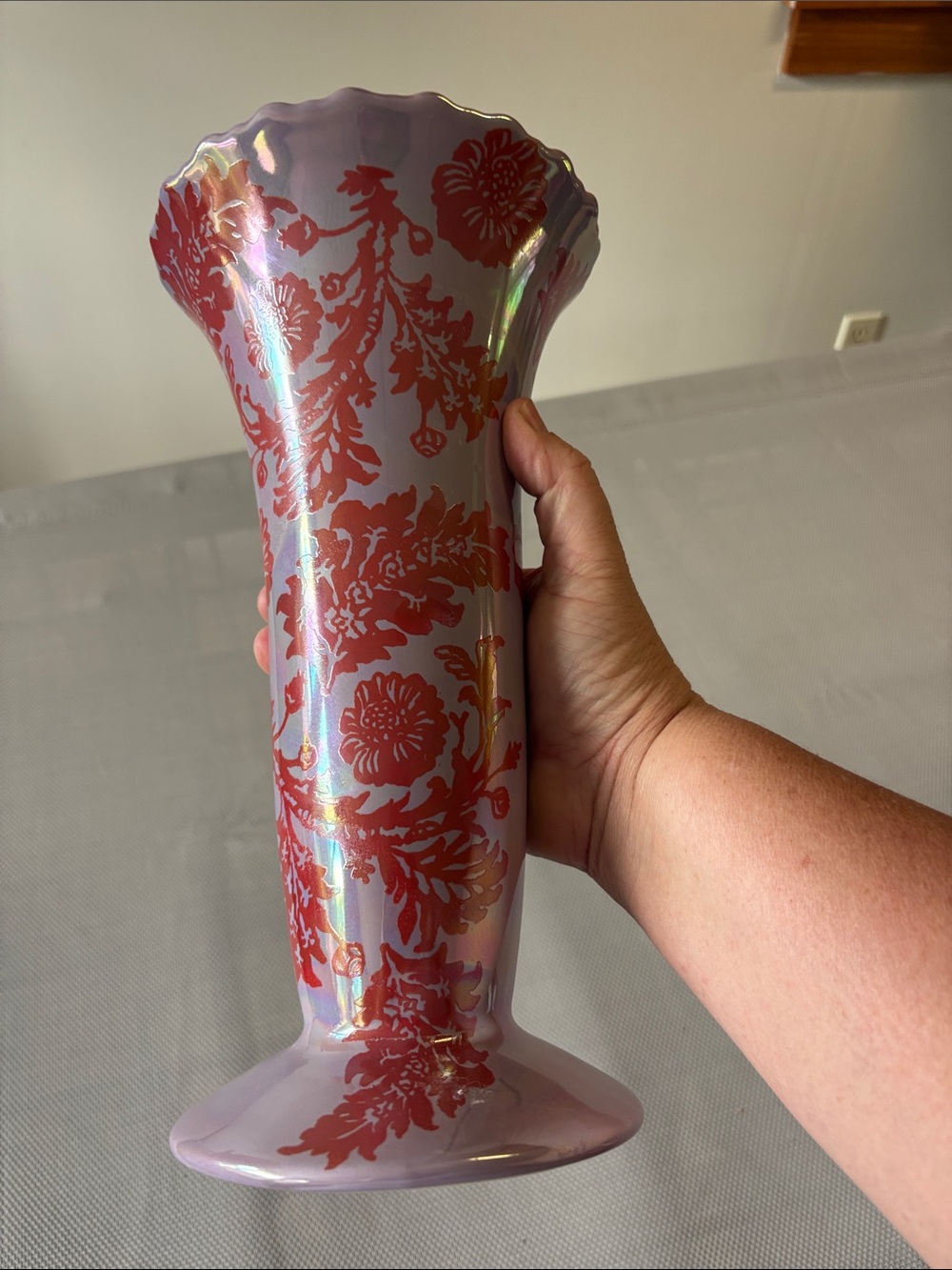 Anthropologie Iridescent Pink lavender Glass Vase with Red Floral Pattern NWOT